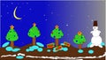 picture of New Year`s magical landscape with Christmas trees and a snowman. Gifts. Evening with a starry sky and a moon.